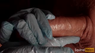 close up blowjob in rubber gloves sucking big cock and swall