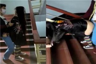 情侣自拍在大楼楼梯间偷偷打炮